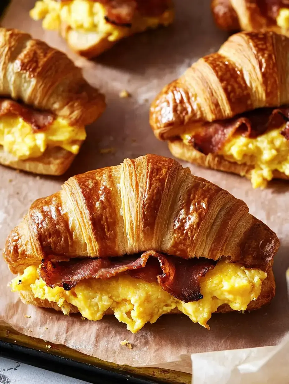 A close-up of croissants filled with scrambled eggs and bacon, arranged on parchment paper.