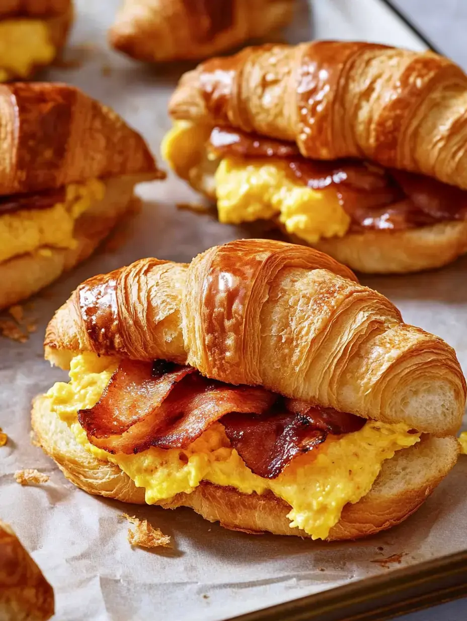 Platter of freshly baked croissants filled with scrambled eggs and crispy bacon.