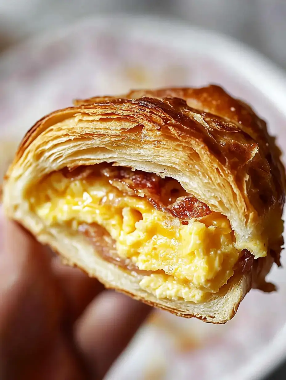 A flaky croissant is shown being held, revealing a creamy scrambled egg and bacon filling inside.