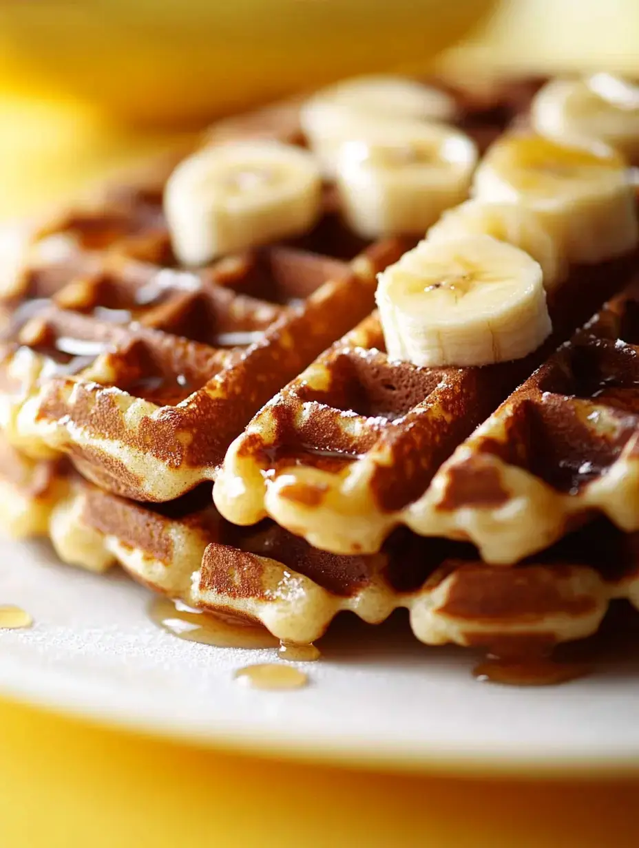 A close-up of golden-brown waffles topped with sliced bananas and drizzled with syrup.