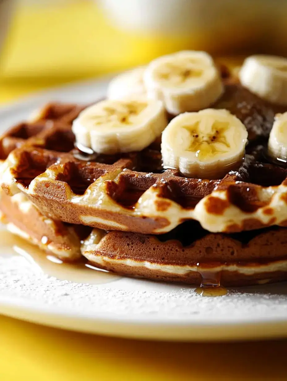 A stack of waffles topped with sliced bananas and drizzled with syrup on a white plate.