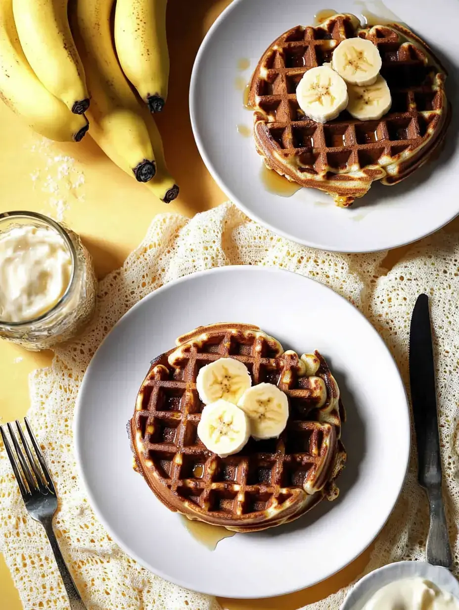 A plate of waffles topped with banana slices and syrup, accompanied by a fork, a knife, and a jar of cream, with a bunch of bananas in the background.