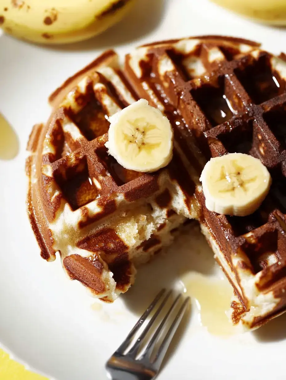 A close-up of a waffle topped with slices of banana and drizzled with syrup, with a portion missing and a fork on the side.