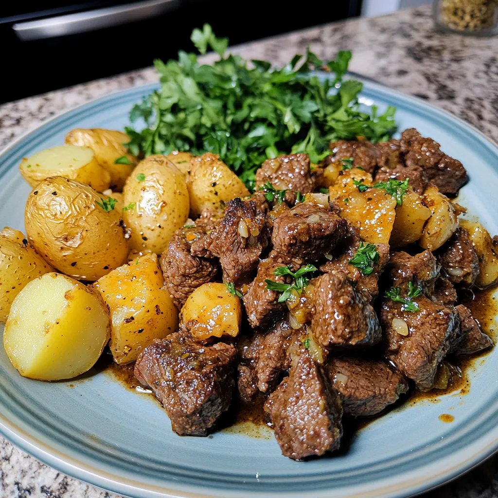 Slow Cooker Garlic Butter Steak Bites & Potatoes