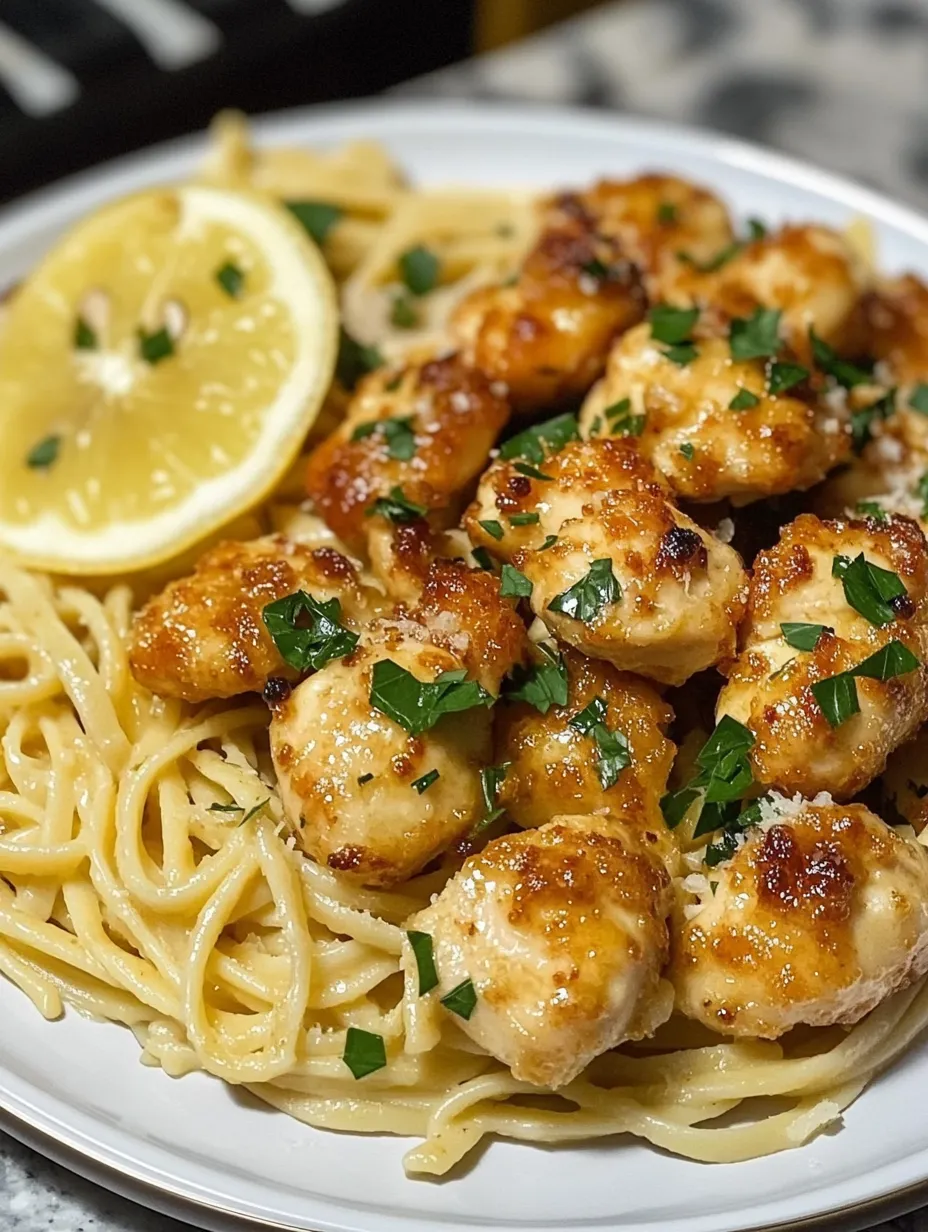 Lemon Garlic Butter Chicken Bites with Savory Parmesan Linguine Homemade