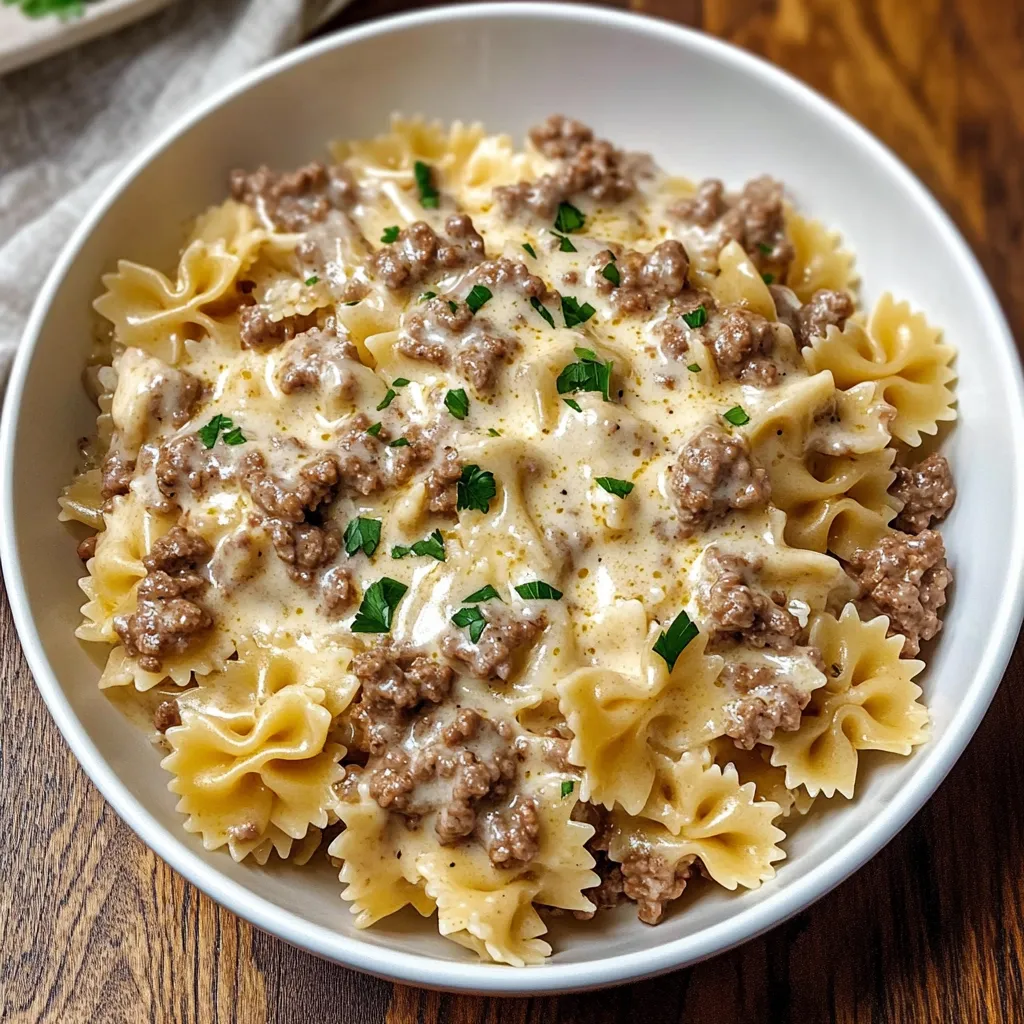 Beef and Bowtie Pasta with Alfredo Sauce