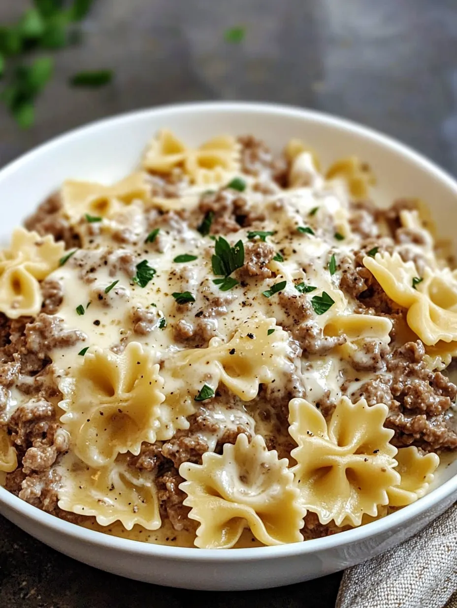 Beef and Bowtie Pasta with Alfredo Sauce Homemade