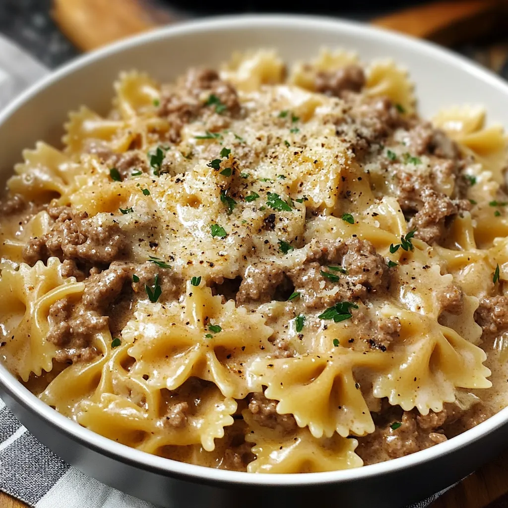 Creamy Parmesan Garlic Beef Bowtie Pasta