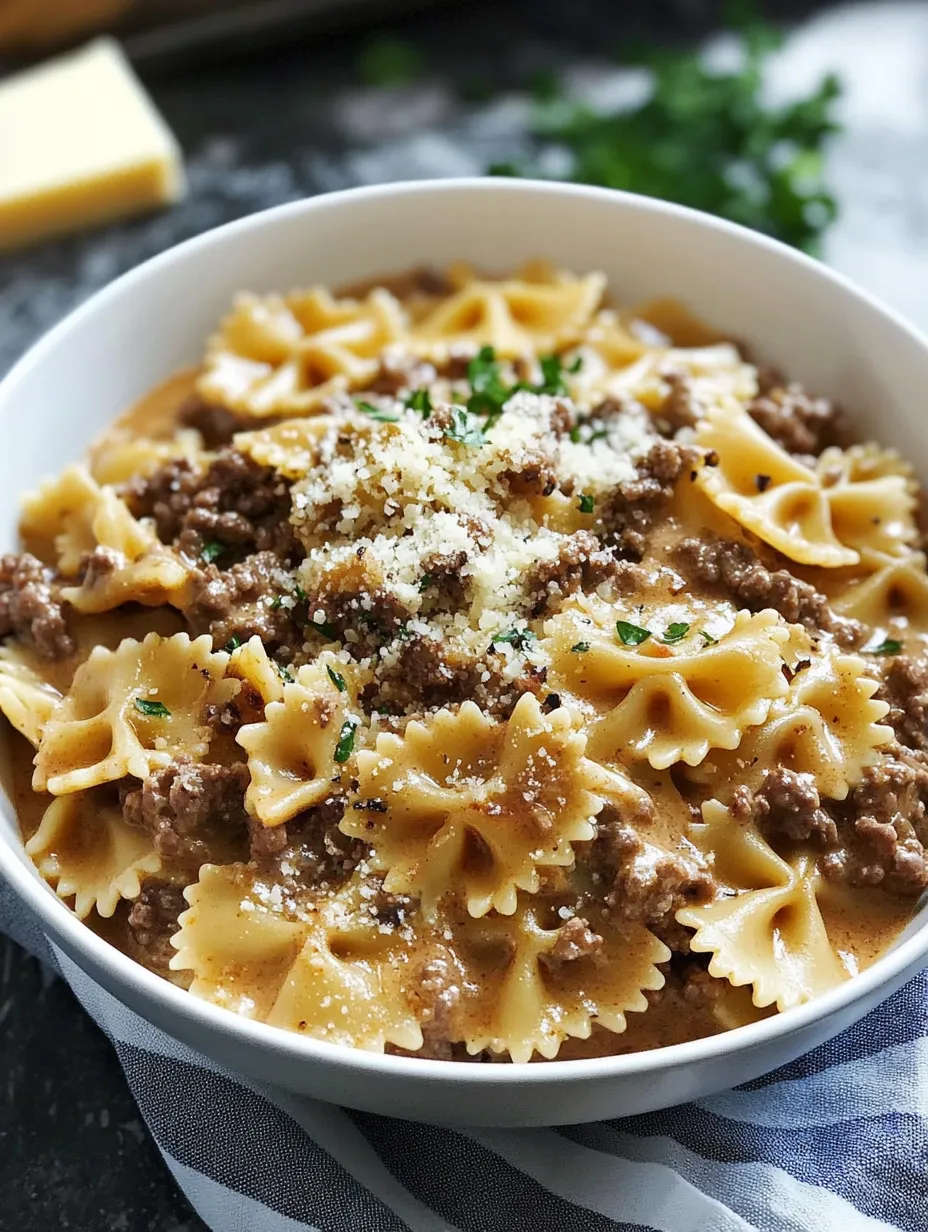 Easy Creamy Parmesan Garlic Beef Bowtie Pasta