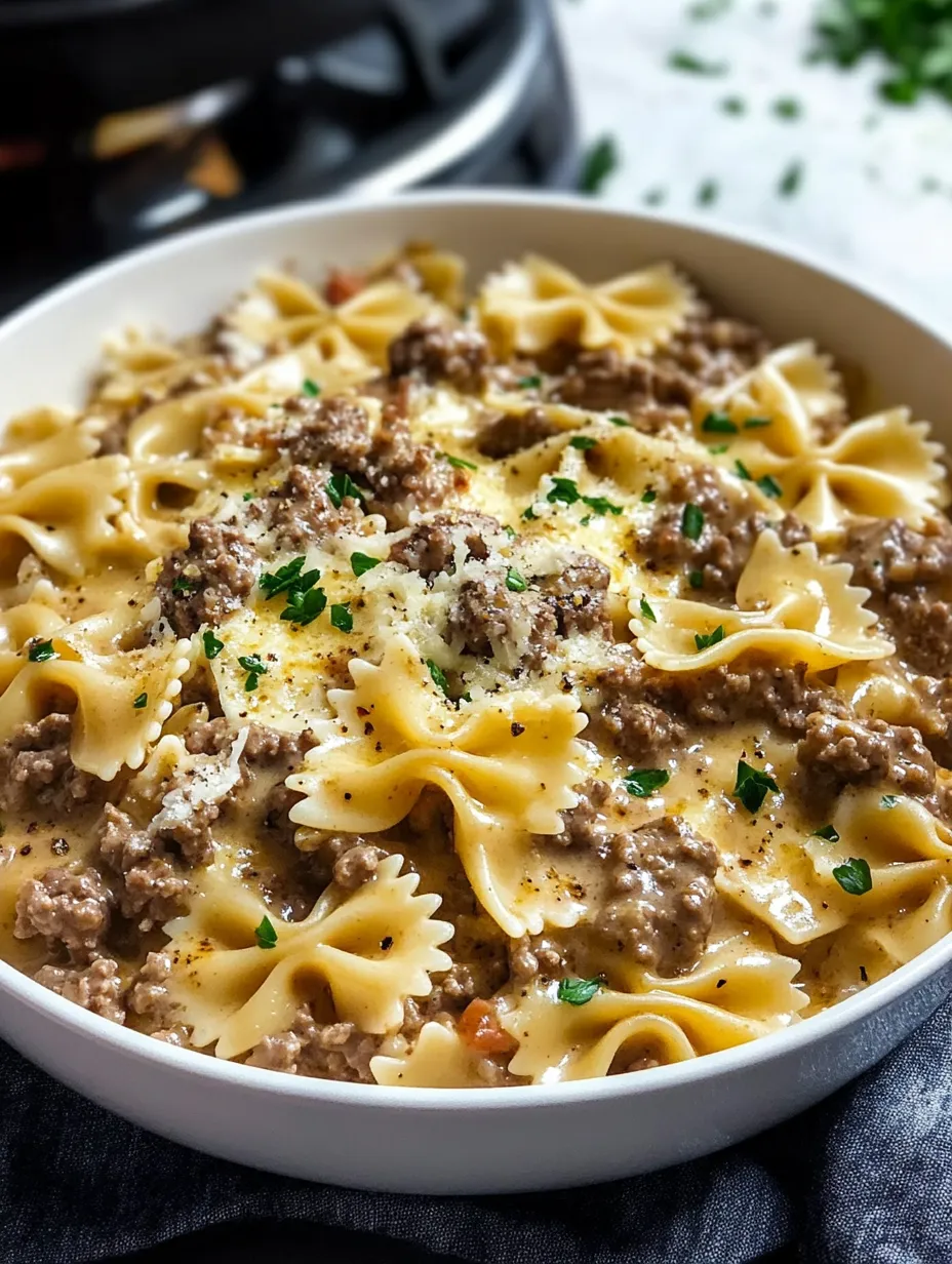 Creamy Parmesan Garlic Beef Bowtie Pasta Recipe