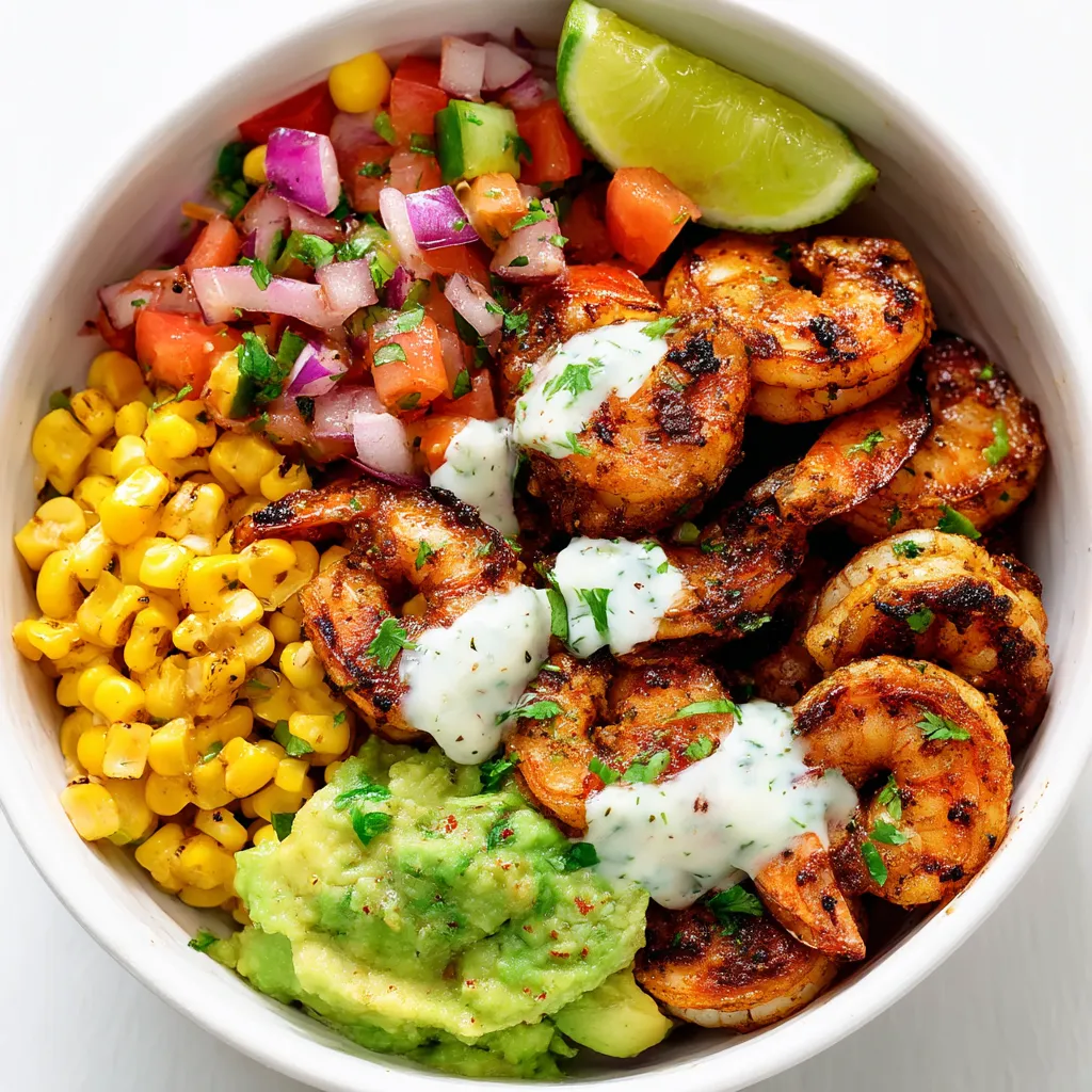 Grilled Shrimp Bowl with Avocado, Corn Salsa & Creamy Sauce