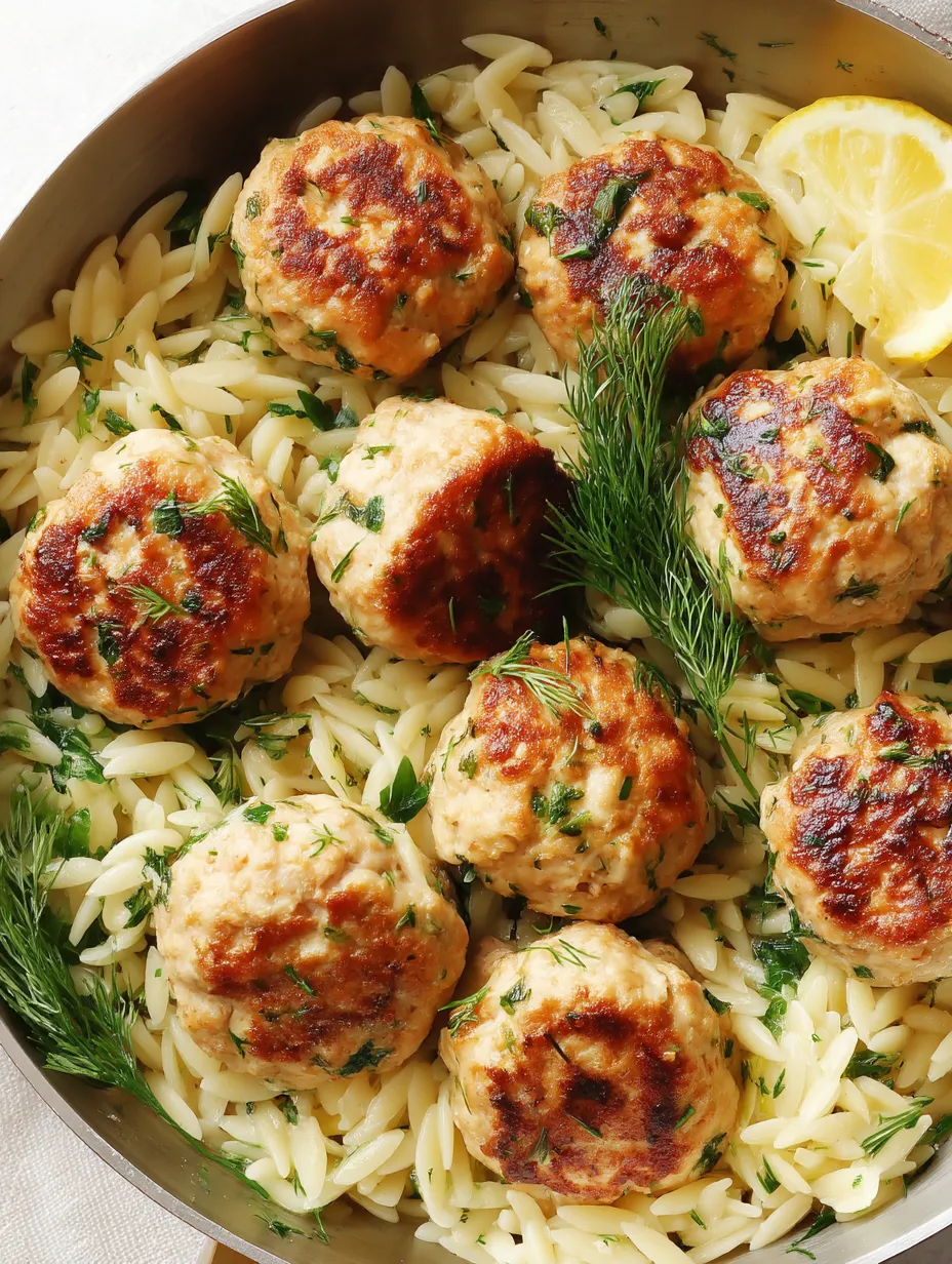 Greek Chicken Meatballs with Lemon Orzo