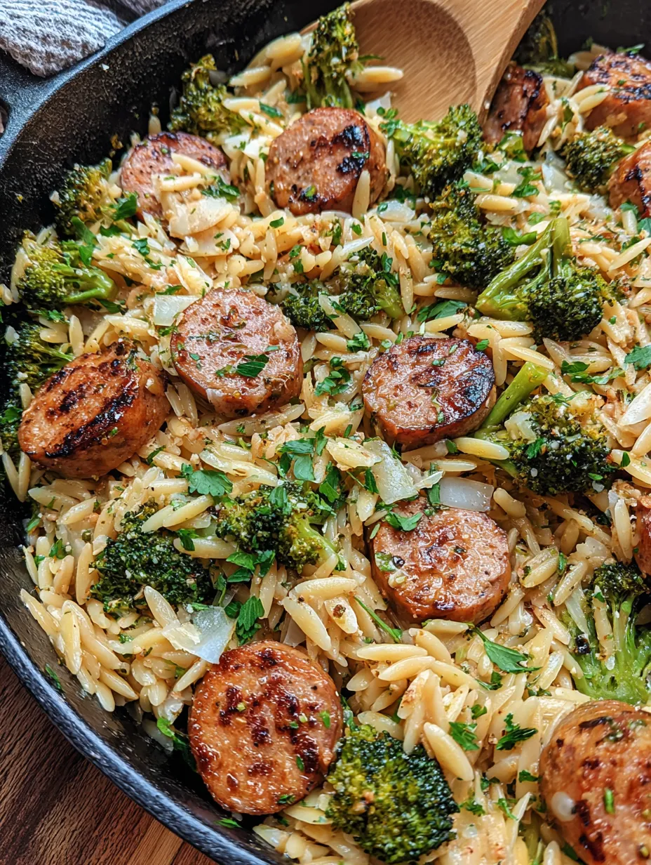 Chicken Sausage, Broccoli, and Orzo Skillet