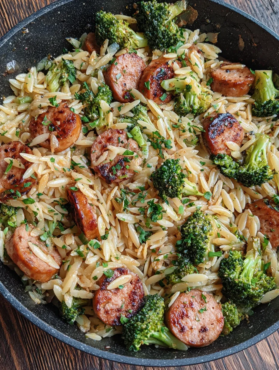 Chicken Sausage, Broccoli, and Orzo Skillet