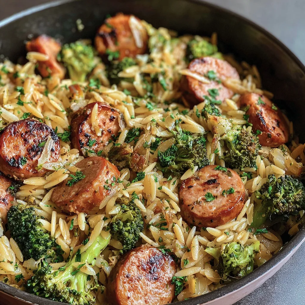 Chicken Sausage, Broccoli, and Orzo Skillet