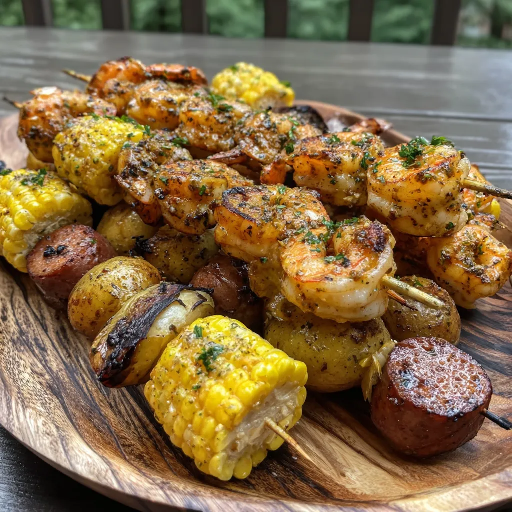 Grilled Seafood Boil Skewers with Crab Boil Garlic Butter