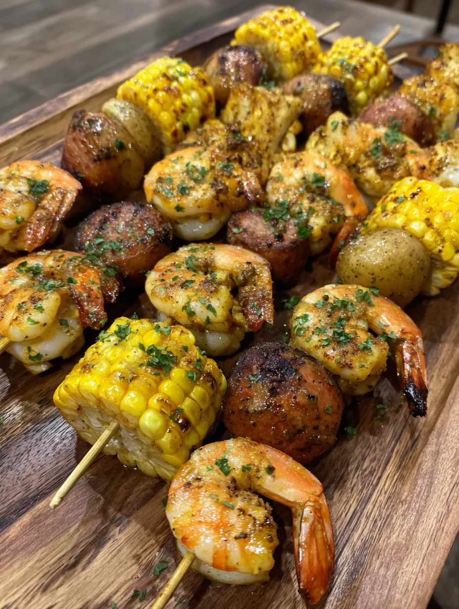 Grilled Seafood Boil Skewers with Crab Boil Garlic Butter