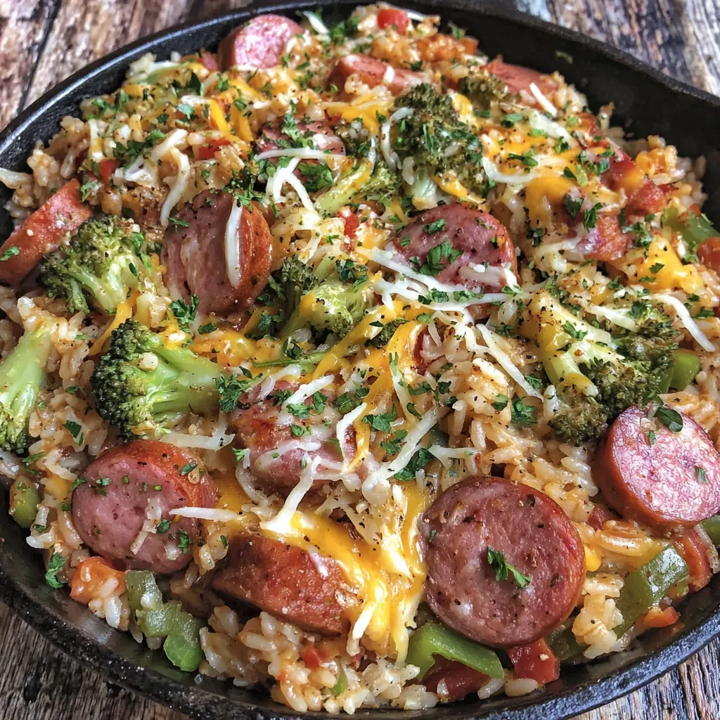 Cheesy Smoked Sausage and Rice Skillet