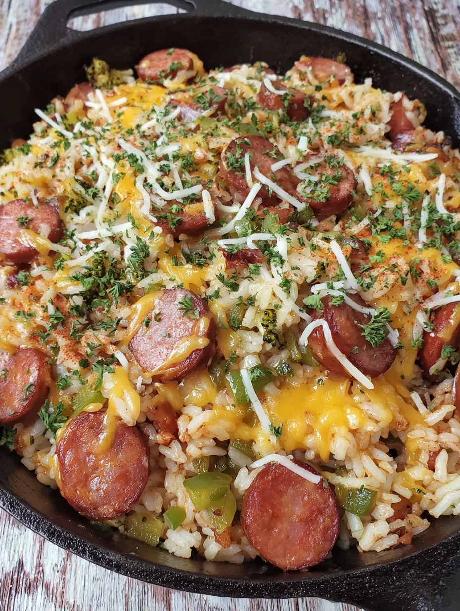 Cheesy Smoked Sausage and Rice Skillet