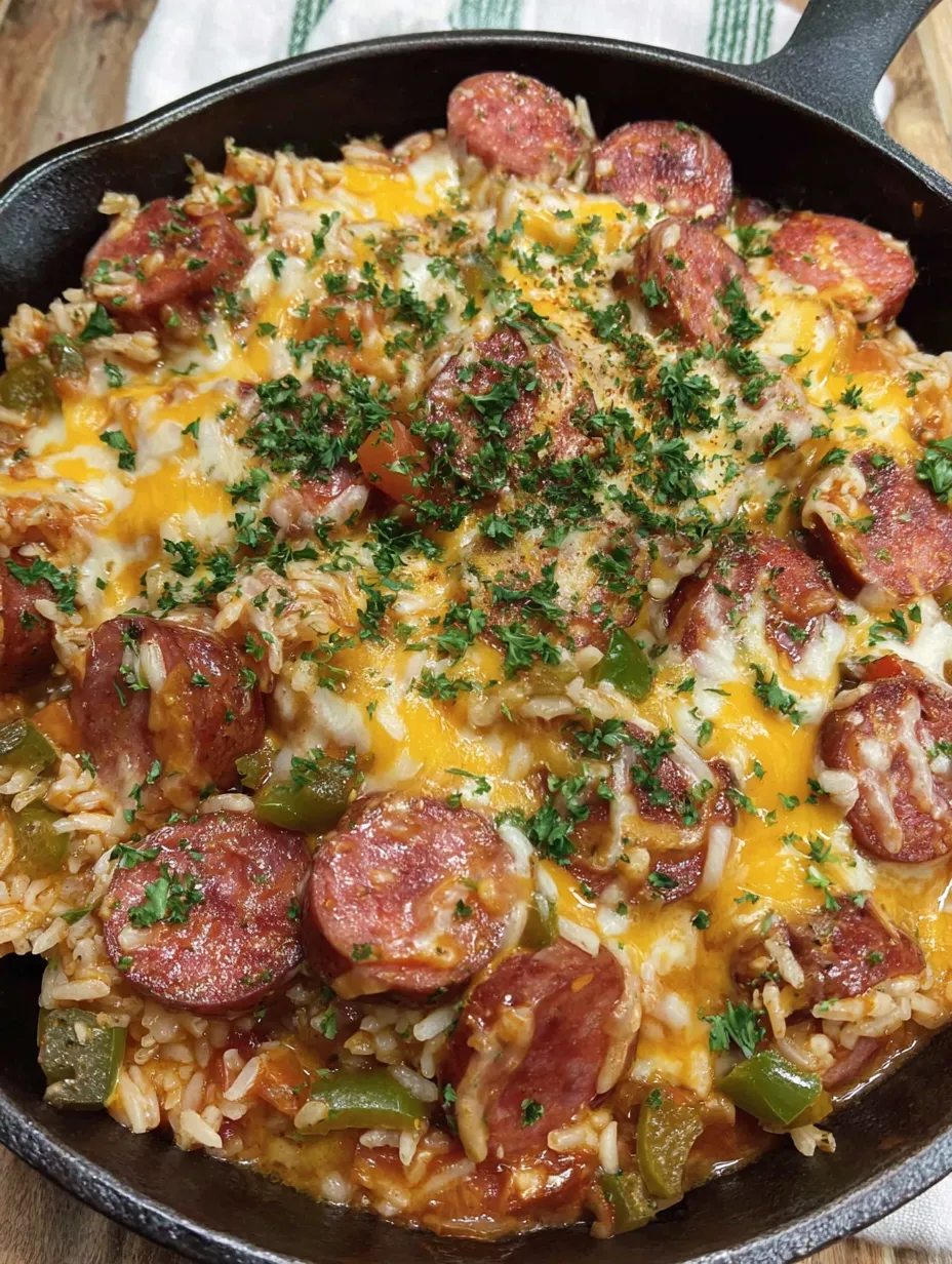 Cheesy Smoked Sausage and Rice Skillet
