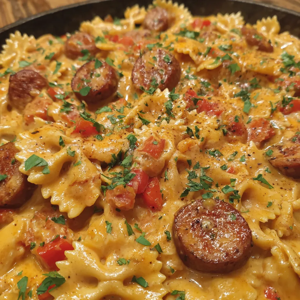 One Pot Cheesy Smoked Sausage with Bowtie Pasta