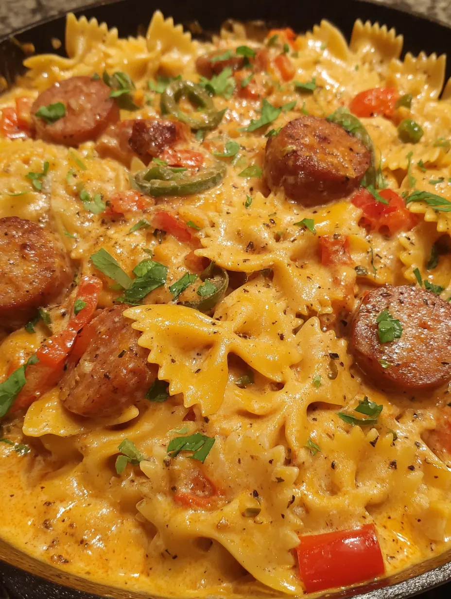 One Pot Cheesy Smoked Sausage with Bowtie Pasta