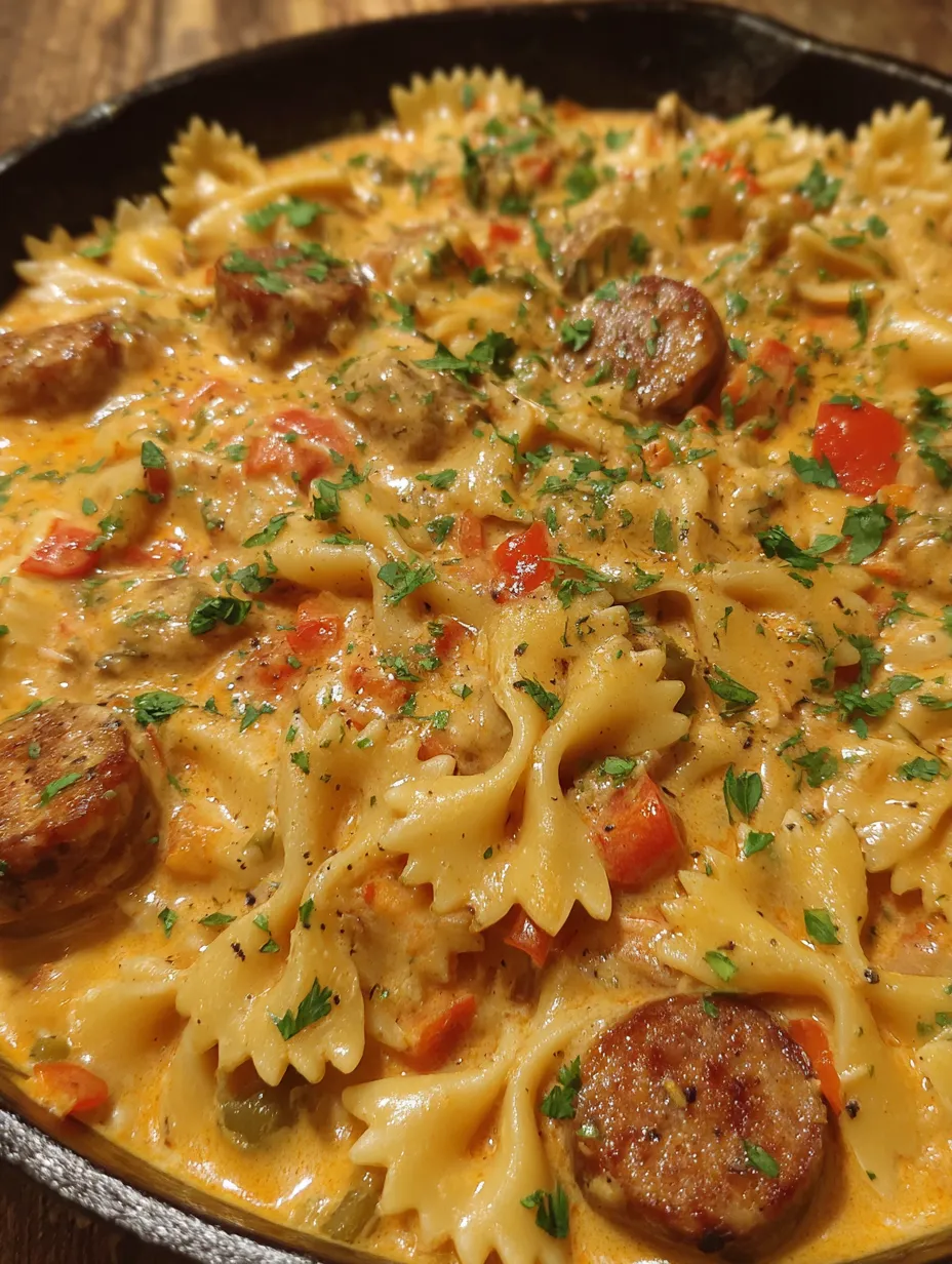 One Pot Cheesy Smoked Sausage with Bowtie Pasta