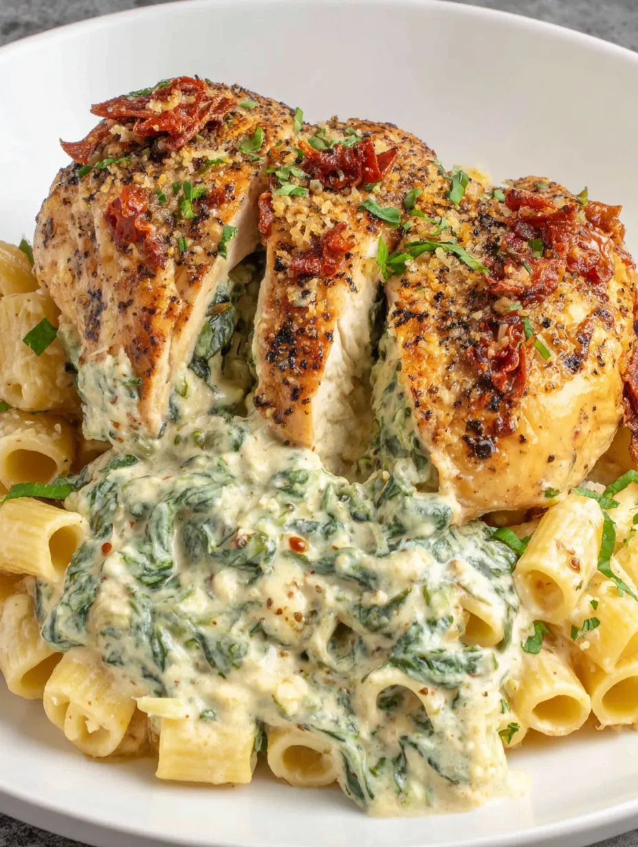 Creamy Stuffed Chicken with a Creamy Spinach Rigatoni