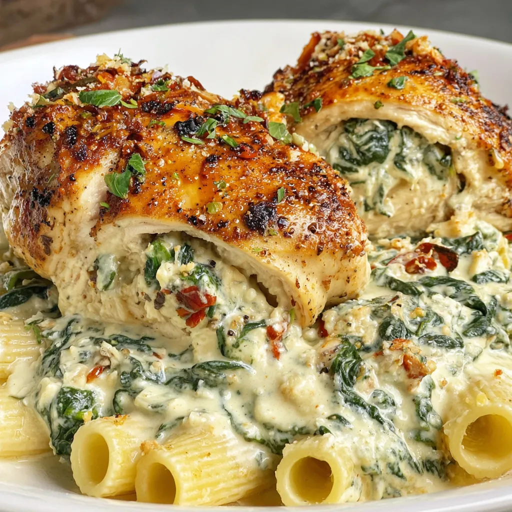 Creamy Stuffed Chicken with a Creamy Spinach Rigatoni
