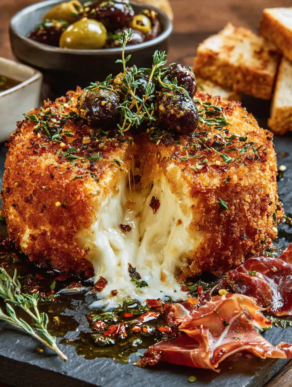 Crispy Fried Brie with Pepper Honey, Warm Lemon-Herb Olives & Prosciutto