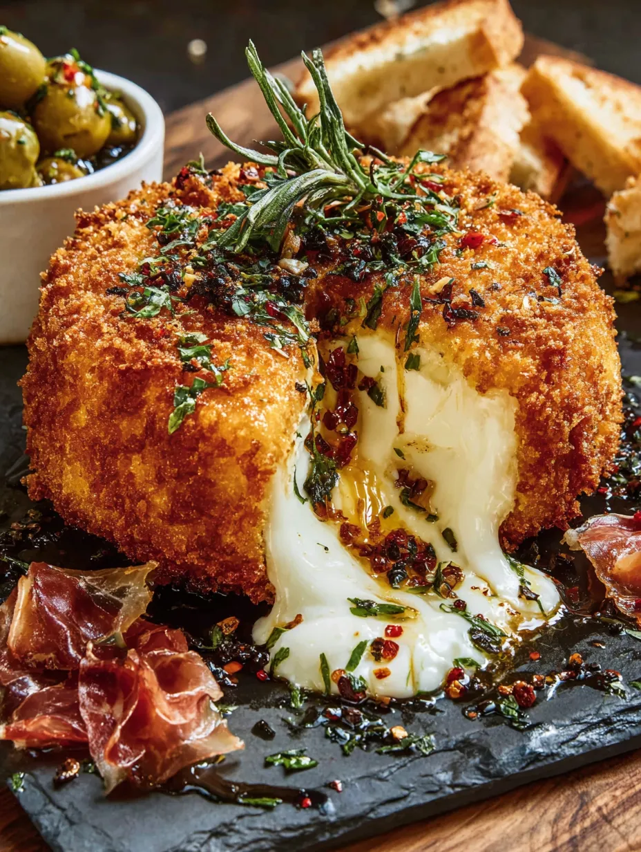 Crispy Fried Brie with Pepper Honey, Warm Lemon-Herb Olives & Prosciutto