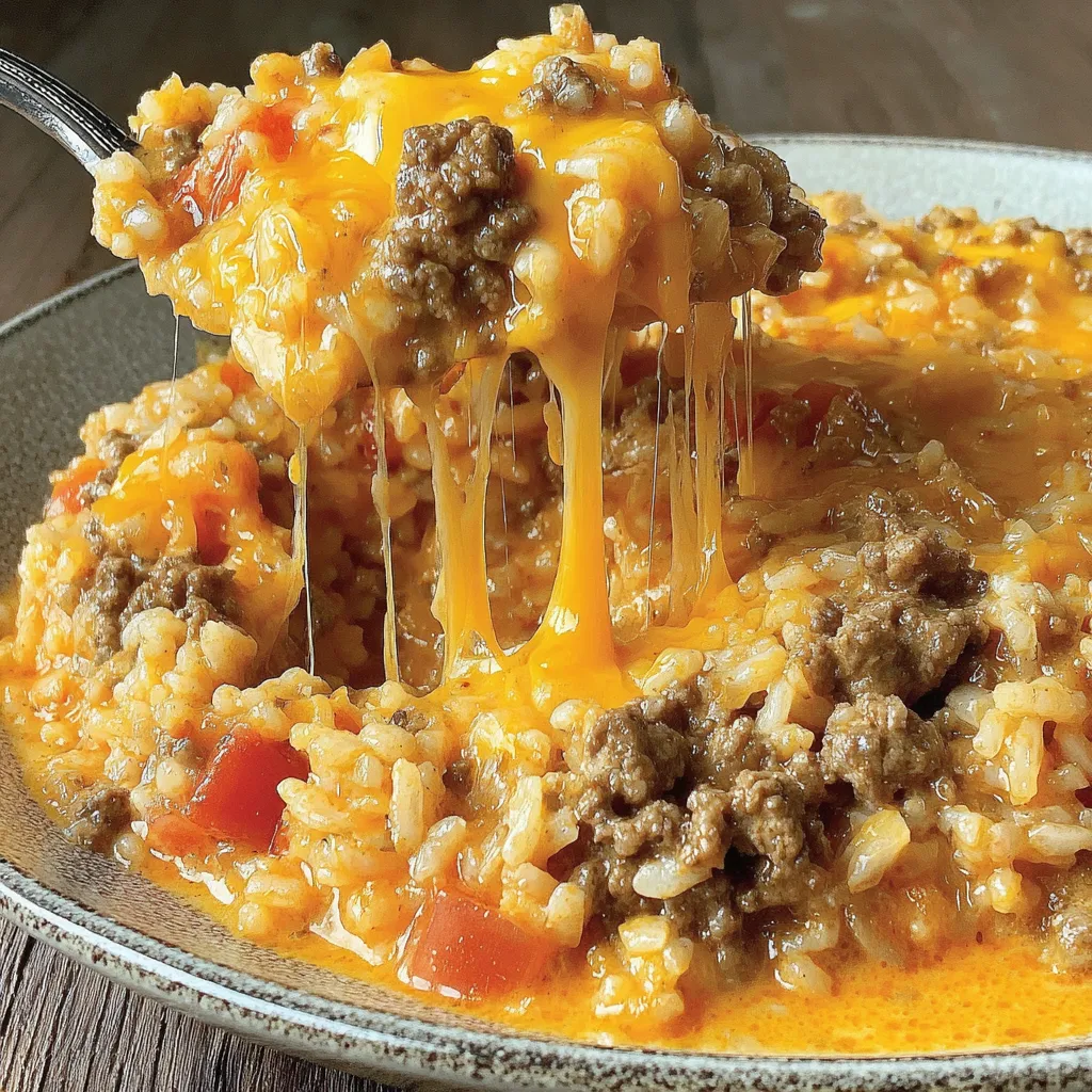 Cheesy Queso Ground Beef and Rice