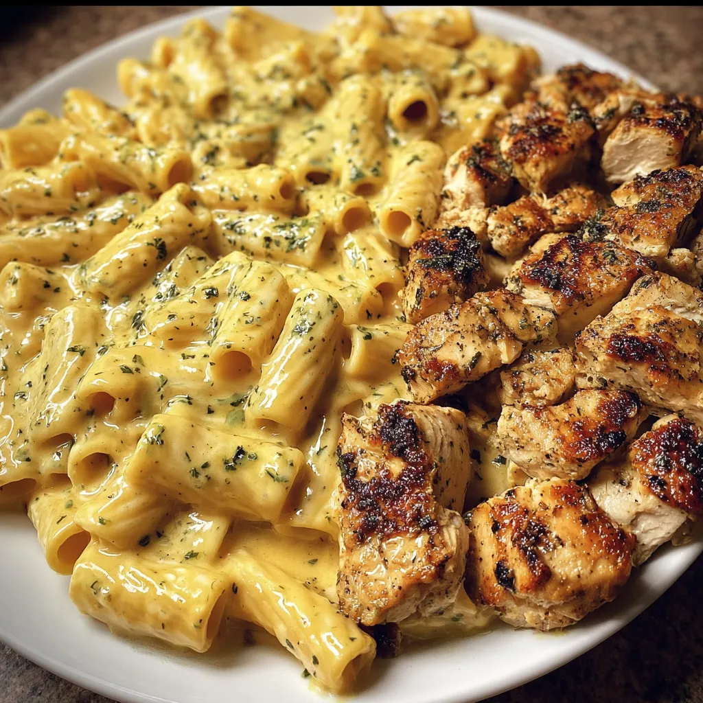 Garlic Butter Chicken Rigatoni in Creamy Cheddar Parmesan Sauce