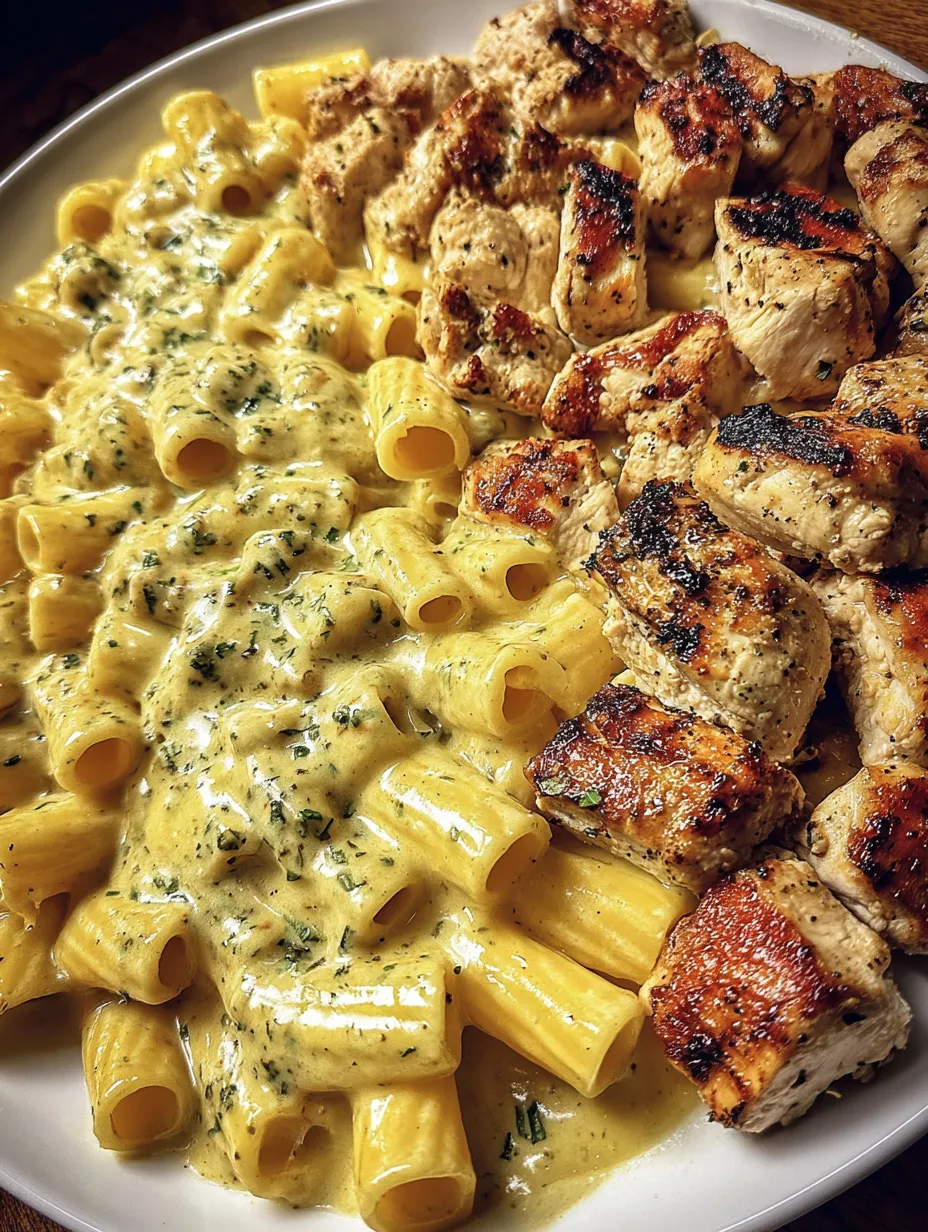 Garlic Butter Chicken Rigatoni in Creamy Cheddar Parmesan Sauce