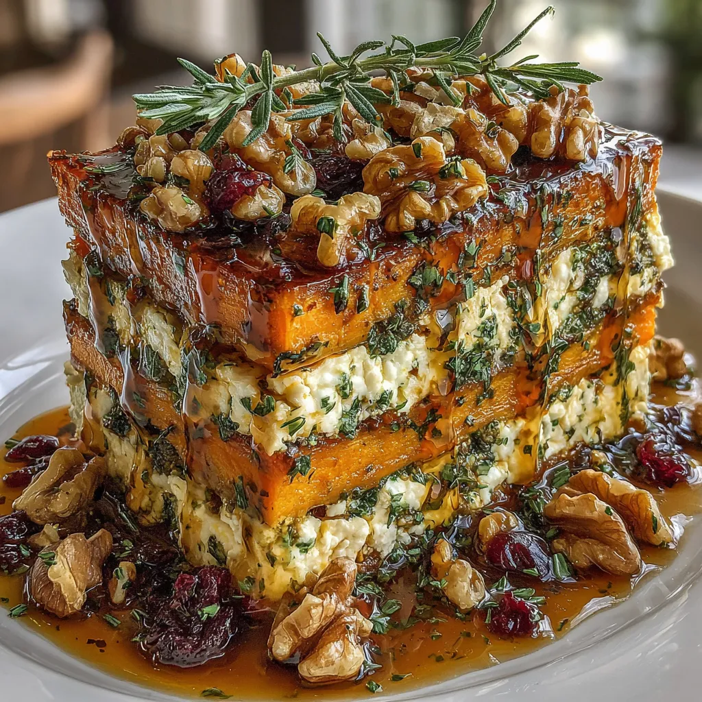 Layered Sweet Potato, Butternut Squash, Carrot Lasagna with Feta, Walnuts, and Cranberry-Honey Glaze