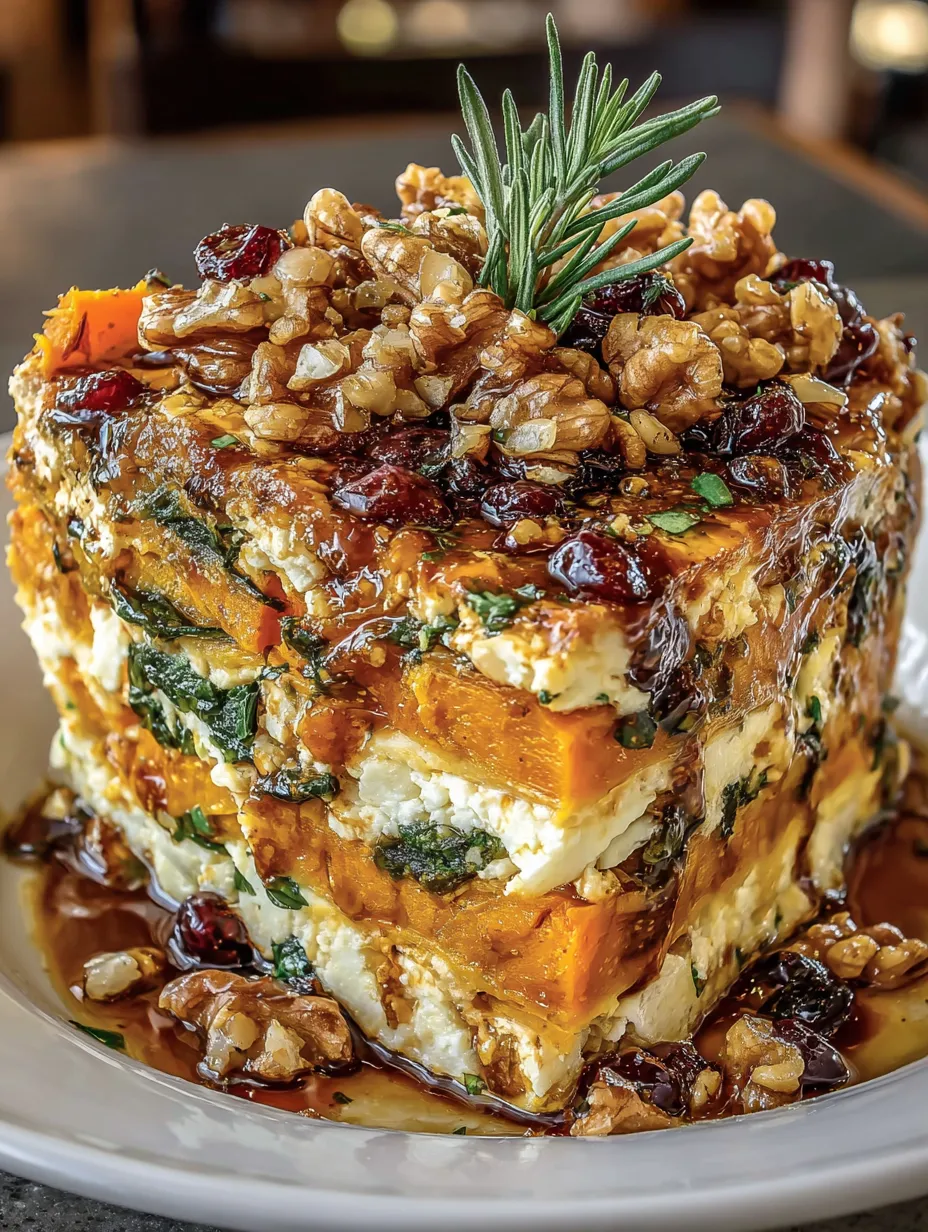 Layered Sweet Potato, Butternut Squash, Carrot Lasagna with Feta, Walnuts, and Cranberry-Honey Glaze