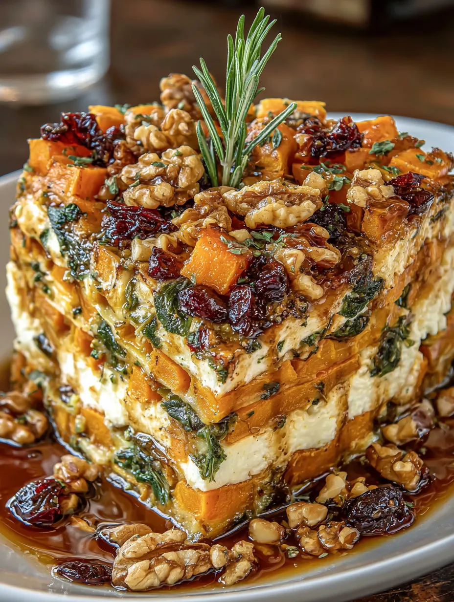 Layered Sweet Potato, Butternut Squash, Carrot Lasagna with Feta, Walnuts, and Cranberry-Honey Glaze