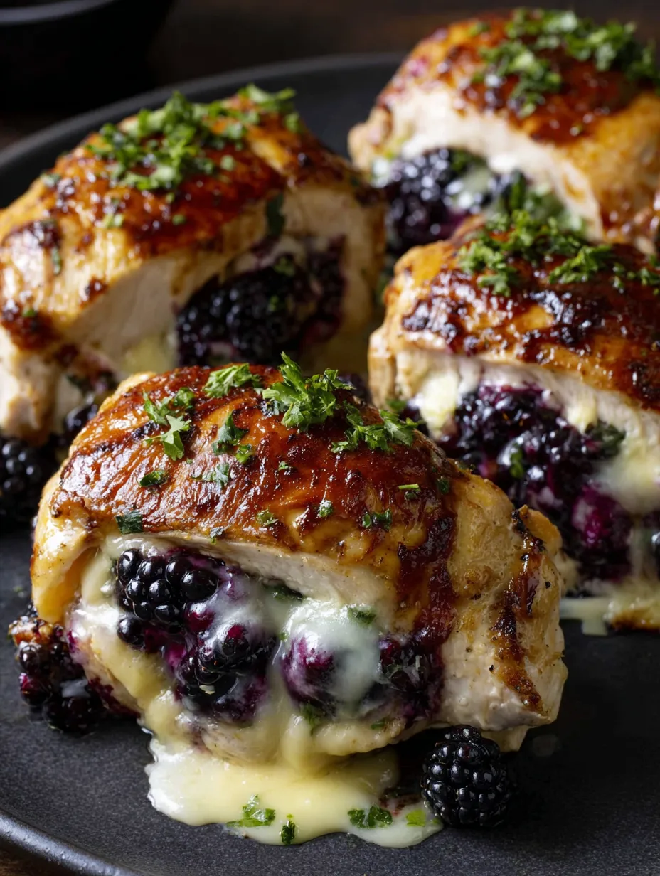 Sliced blackberry pepper jack chicken with melted cheese and glossy berry glaze