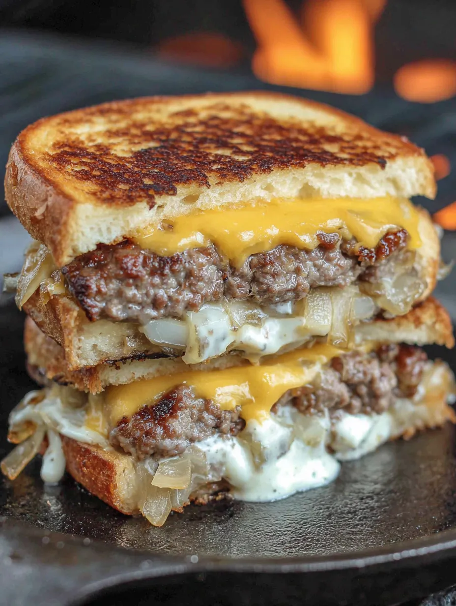 A toasted stuffed patty melt layered with bacon, caramelized onions, garlic aioli, and a cheese-filled beef patty