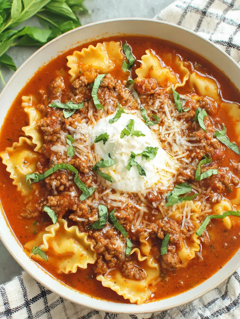 A comforting bowl of tomato lasagna soup with ground beef, tender noodles, ricotta, Parmesan, and fresh herbs