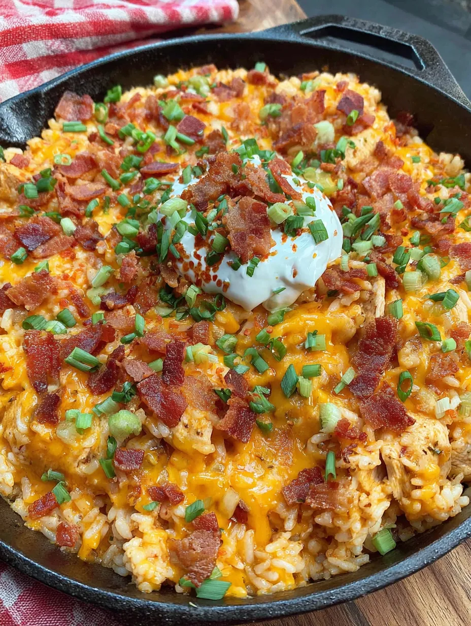 Creamy chicken and jasmine rice skillet topped with melted Colby Jack bacon and green onions