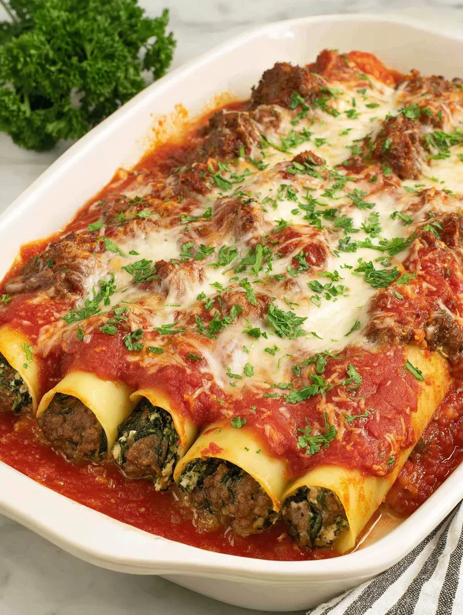 Beef and spinach cannelloni baked in marinara with melted mozzarella and Parmesan