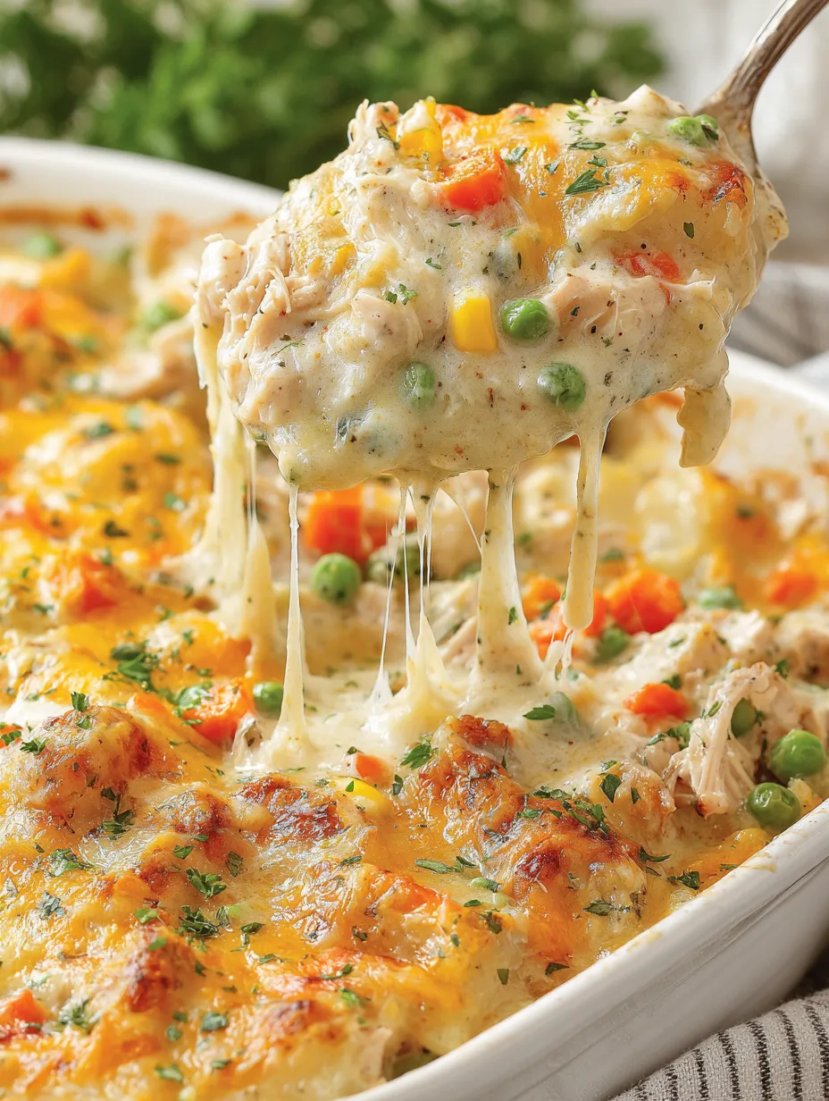 Chicken and potato casserole baked in creamy sauce with vegetables and a golden cheese topping