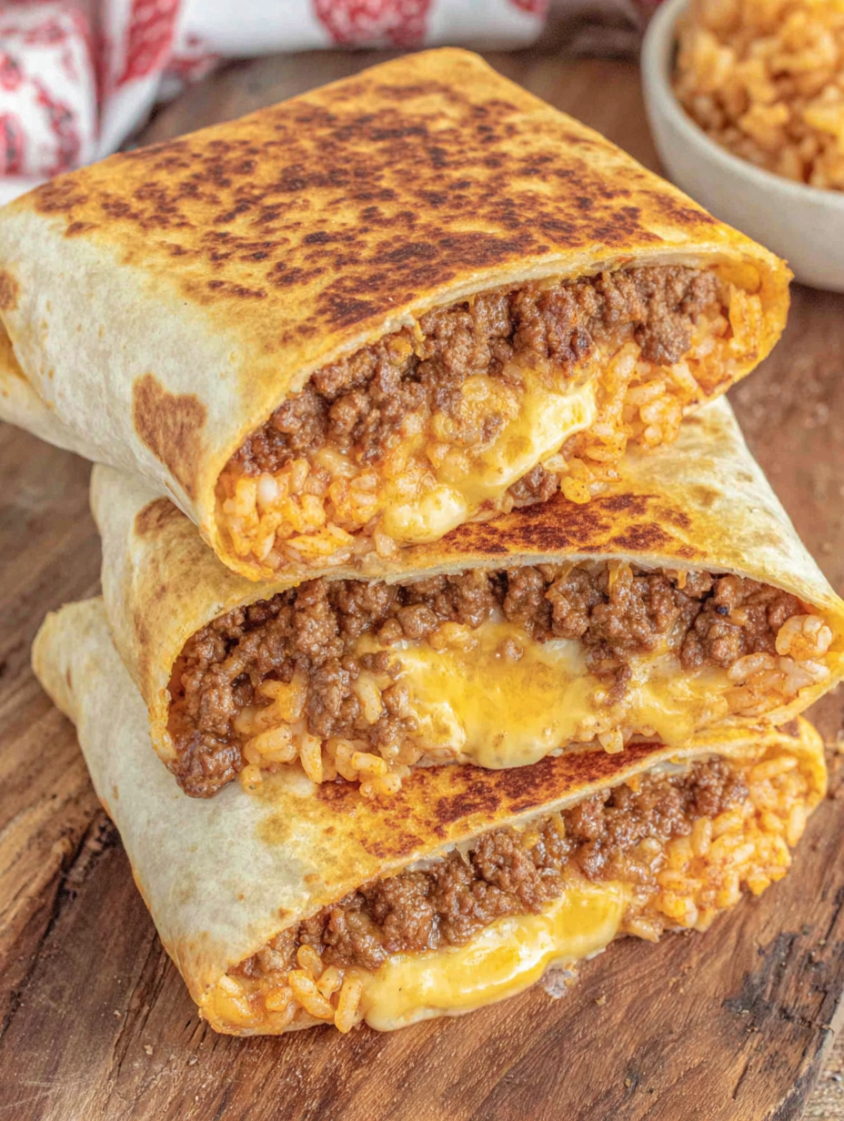 Grilled cheese burrito with a crisp golden cheese crust and seasoned beef rice and sauce inside