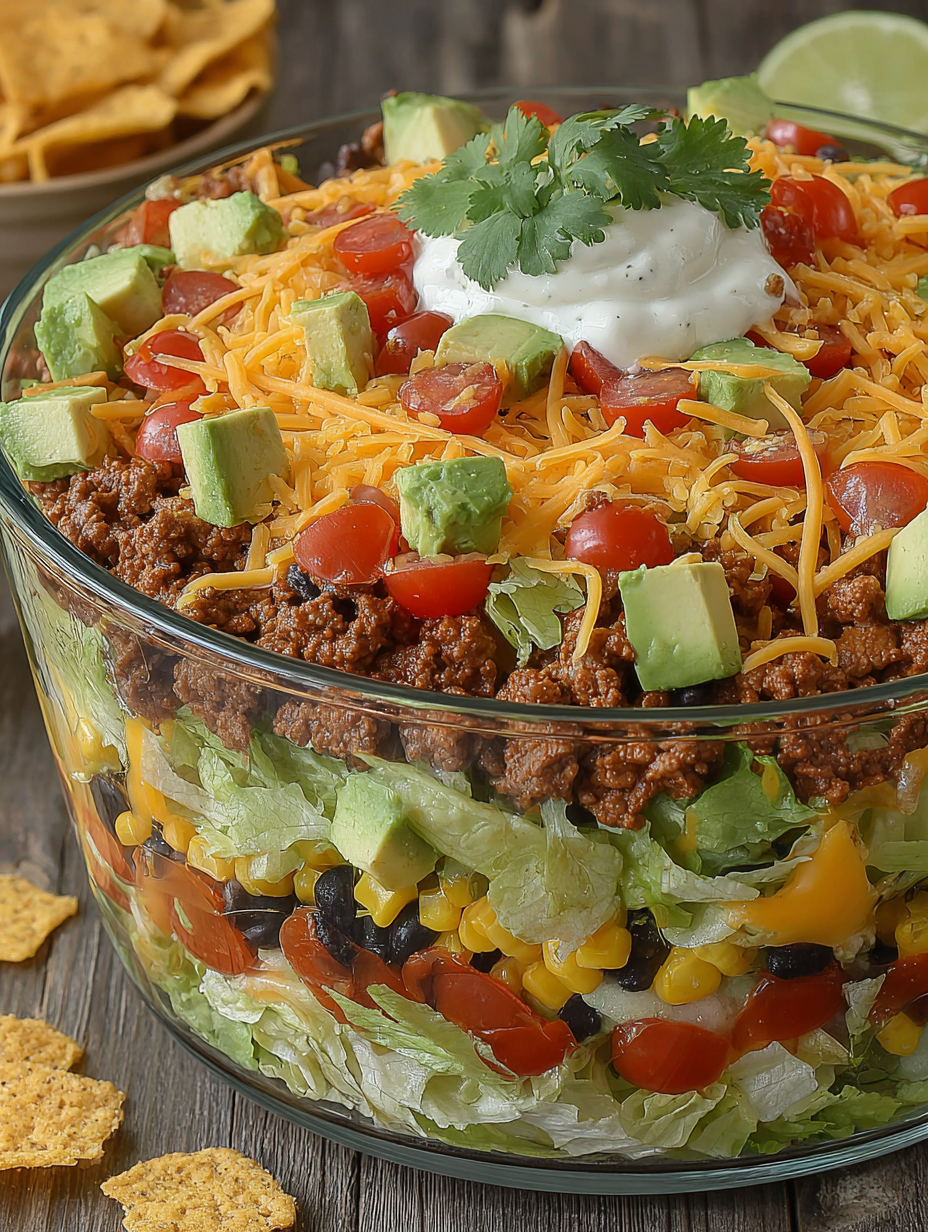 Layered taco salad in a clear trifle bowl with beef, beans, corn, cheese, tomatoes, and avocado
