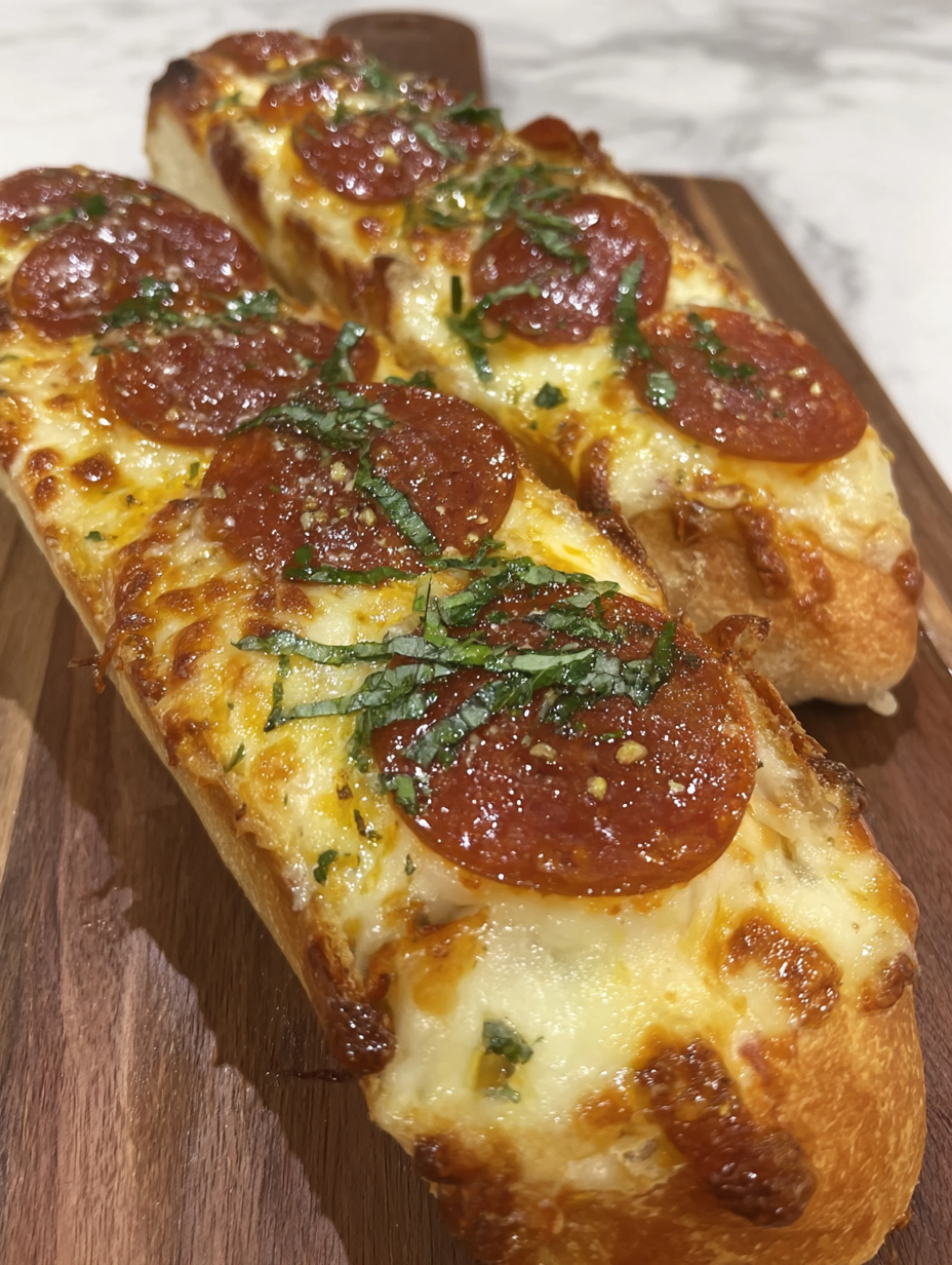 Cheesy pizza bread baked with melted mozzarella and pepperoni on a crisp baguette