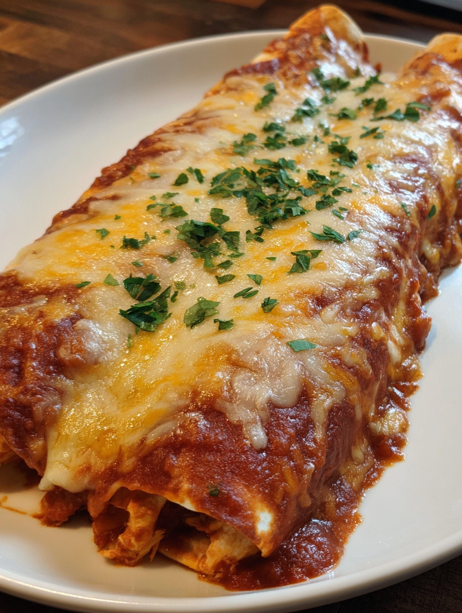 Red chicken enchiladas baked with melted cheese and red sauce in a casserole dish