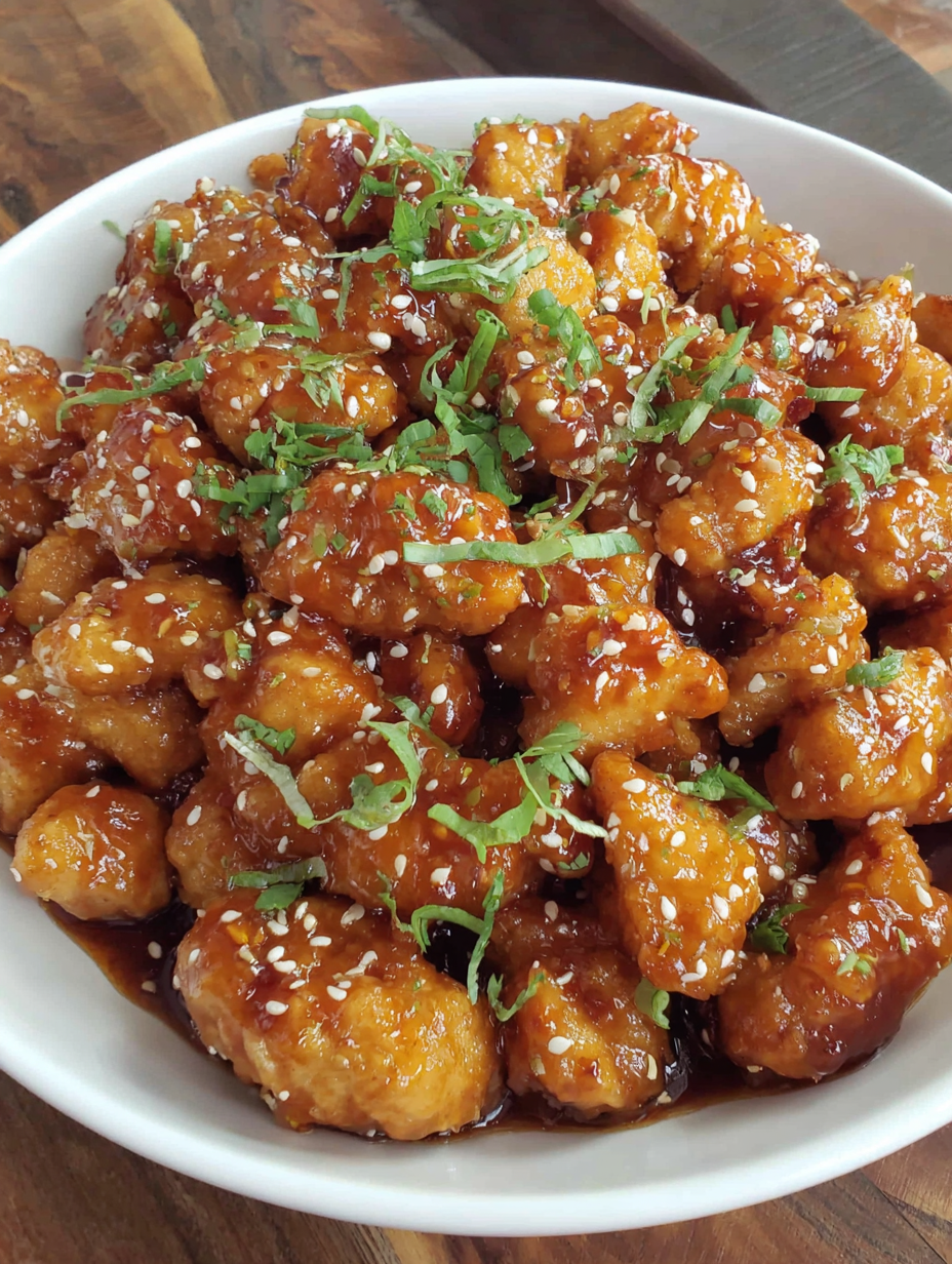 Crispy sticky honey garlic chicken coated in glossy sauce with sesame seeds and sliced green onions
