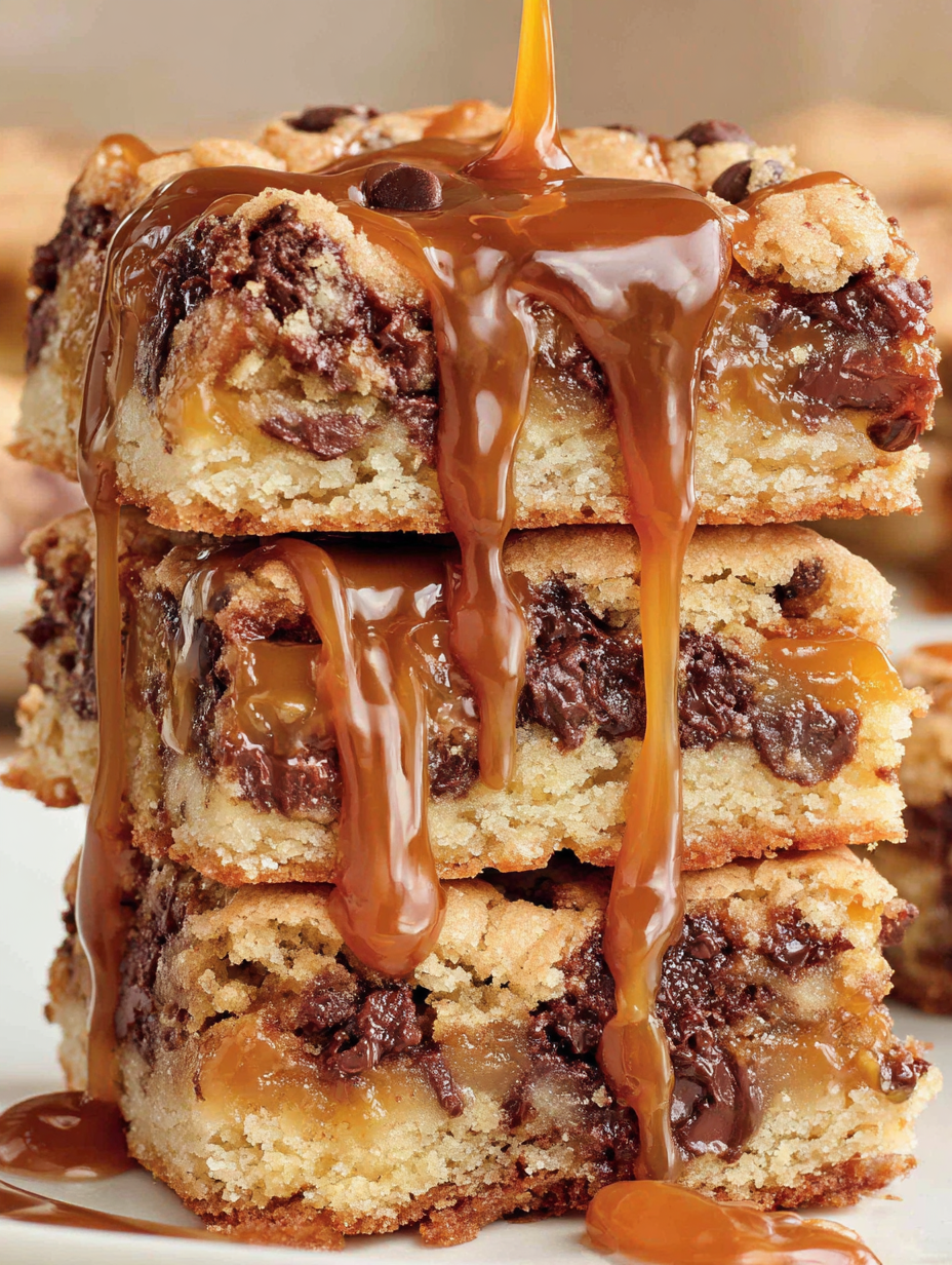 Chocolate chip caramel butter bars with a thick golden caramel center and soft cookie layers
