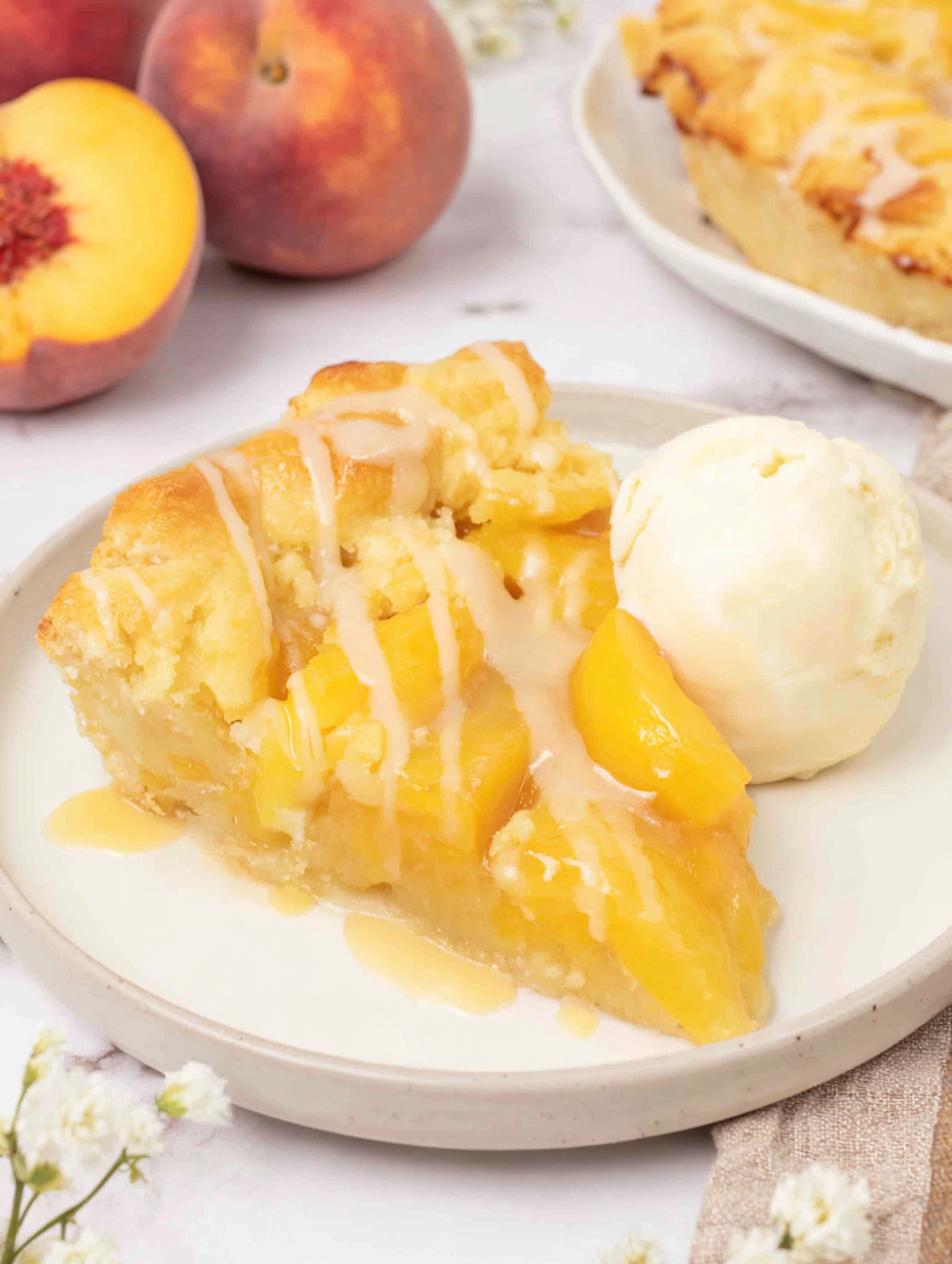 Golden peach pie bars with visible peach filling and a thin vanilla glaze